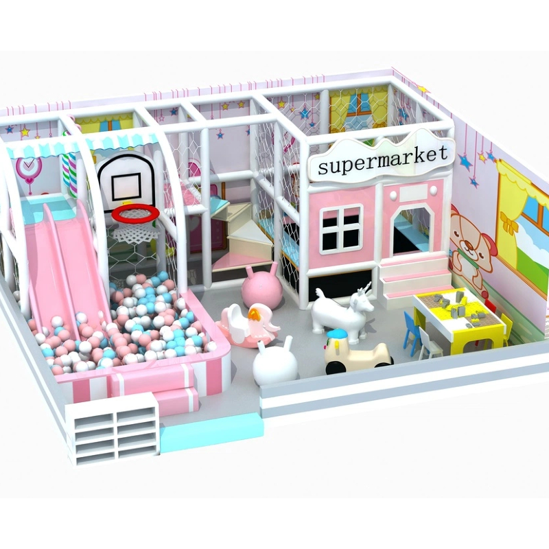 50 Flat Indoor double pink plastic slide Indoor super supermarket style trampoline