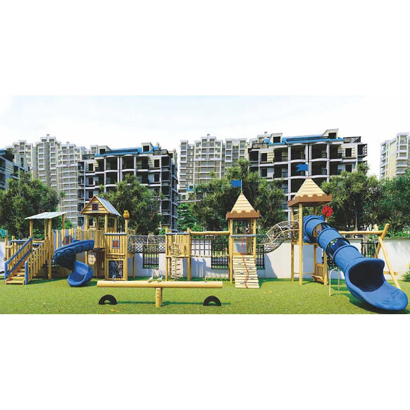 130 Flat children's blue transparent slide Wooden tire seesaw