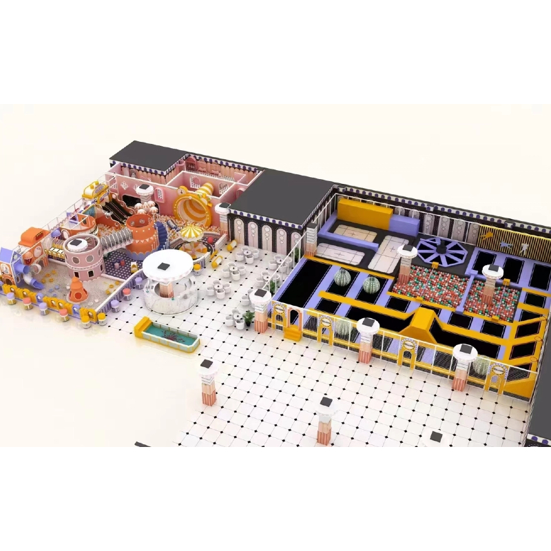 435 Flat children's yellow and white striped horn shape slide Orange cake shape tower