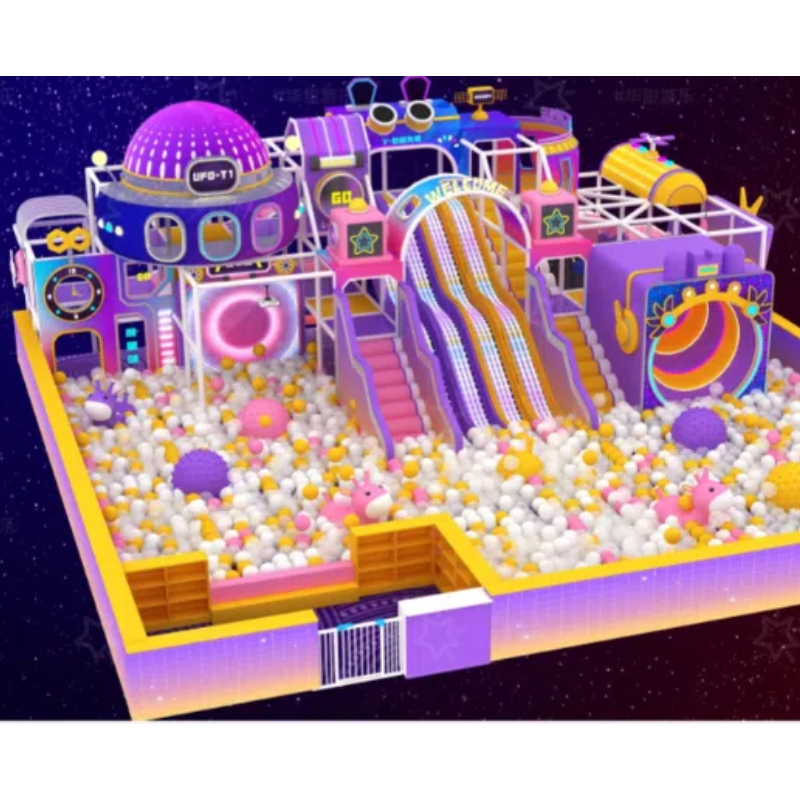 235 Flat children's yellow and purple striped horn modeling slide Purple spaceship modeling tower