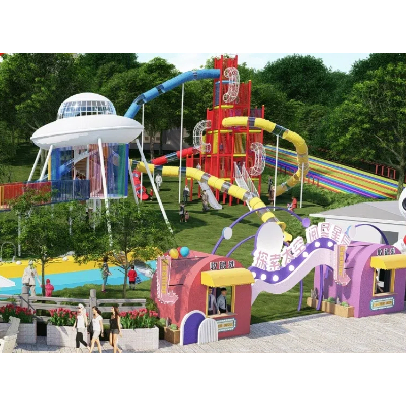 335 Flat children's red and yellow steel pipe play house Flying saucer shaped color spider tower