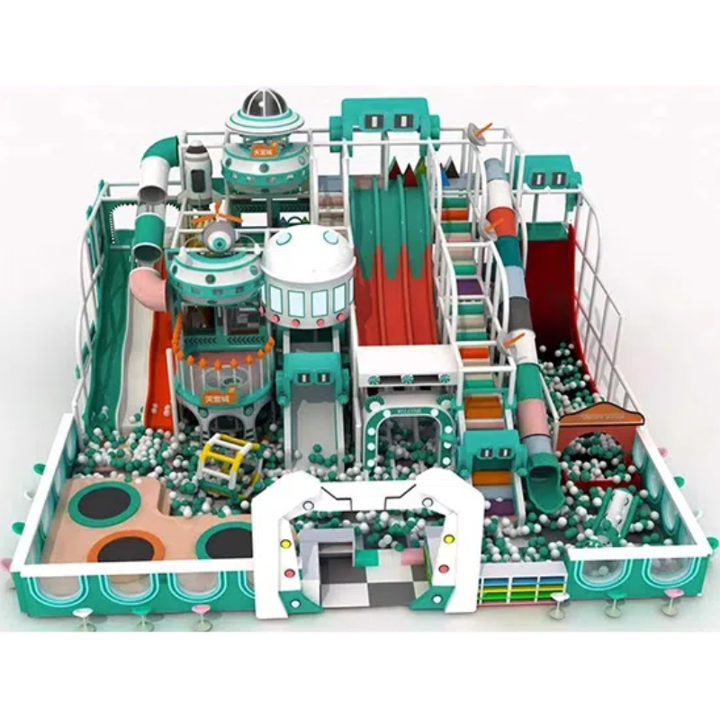 A green castle-shaped trampoline hall