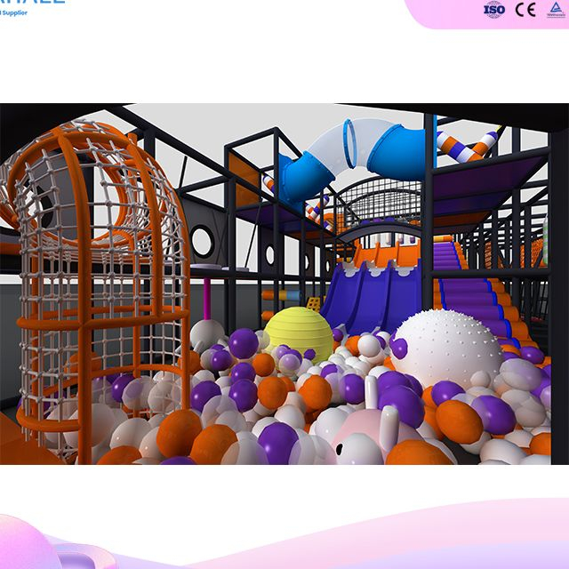 Popular Custom Tech-Sports Indoor Playground | 3-Lane Slide & Trampoline Zone | Orange-Purple Theme | Commercial Use