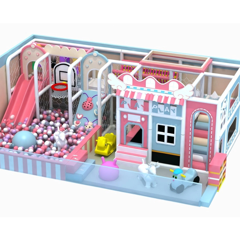 indoor blue pink house shape trampoline