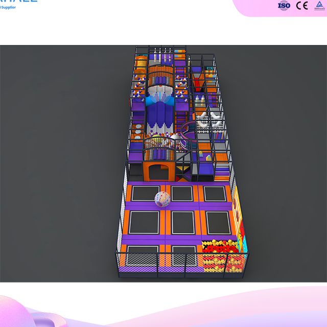 Popular Custom Tech-Sports Indoor Playground | 3-Lane Slide & Trampoline Zone | Orange-Purple Theme | Commercial Use