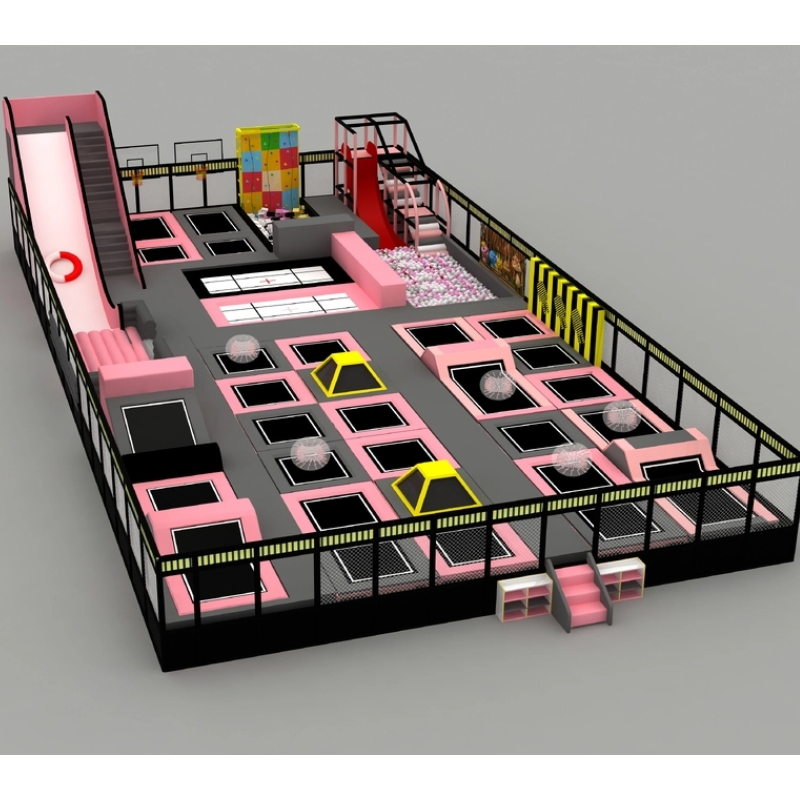 Indoor children's parkour trampoline custom playground includes children's camouflage climbing wall, basketball hoop shooting slope trampoline, children's inflatable clink ball, rainbow jump slide, spiral tube slide, indoor projection and ocean ball combination, dinosaur jungle theme two-level maze, sand pond.
