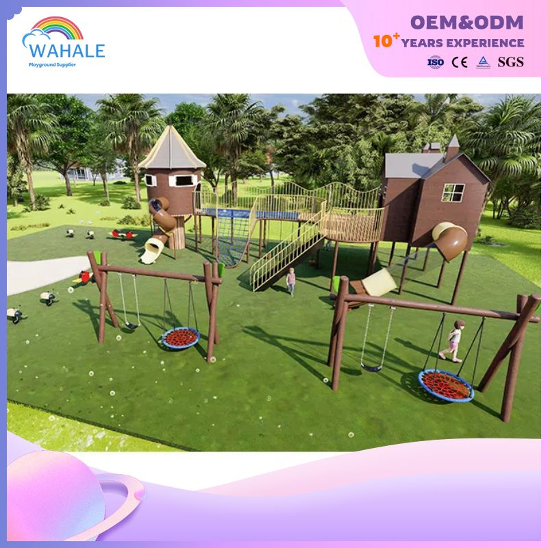 Coffee Color House Shape Children's Wooden Outdoor Playground Equipment Supplier
