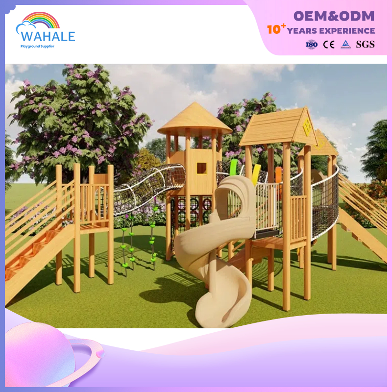 Community Outdoor Wooden House Modeling Custom Children's Slide Playground Equipment Wholesale