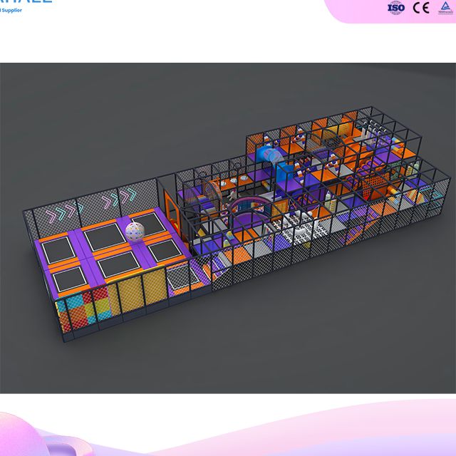 Popular Custom Tech-Sports Indoor Playground | 3-Lane Slide & Trampoline Zone | Orange-Purple Theme | Commercial Use