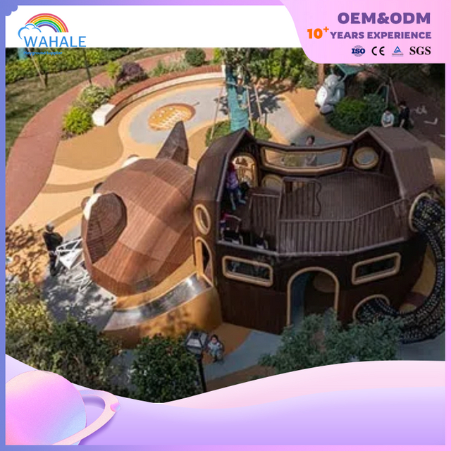 Park Outdoor Coffee Cat Shape Custom Children's Wooden Playground Equipment Factory