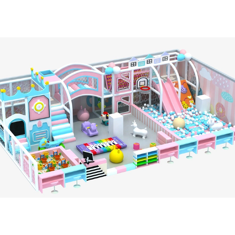 Indoor red and blue castle style slide