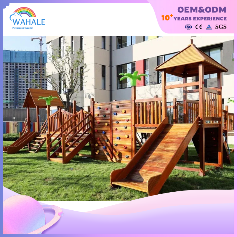 Residential Outdoor Wooden Children's Slide Park House Shape Play Area Equipment Supplier