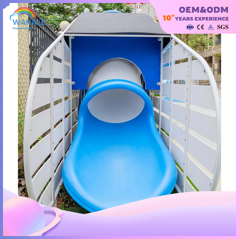 Community Outdoor Blue Bullet Car Shape Customized Wooden Children's Slide Playground Equipment