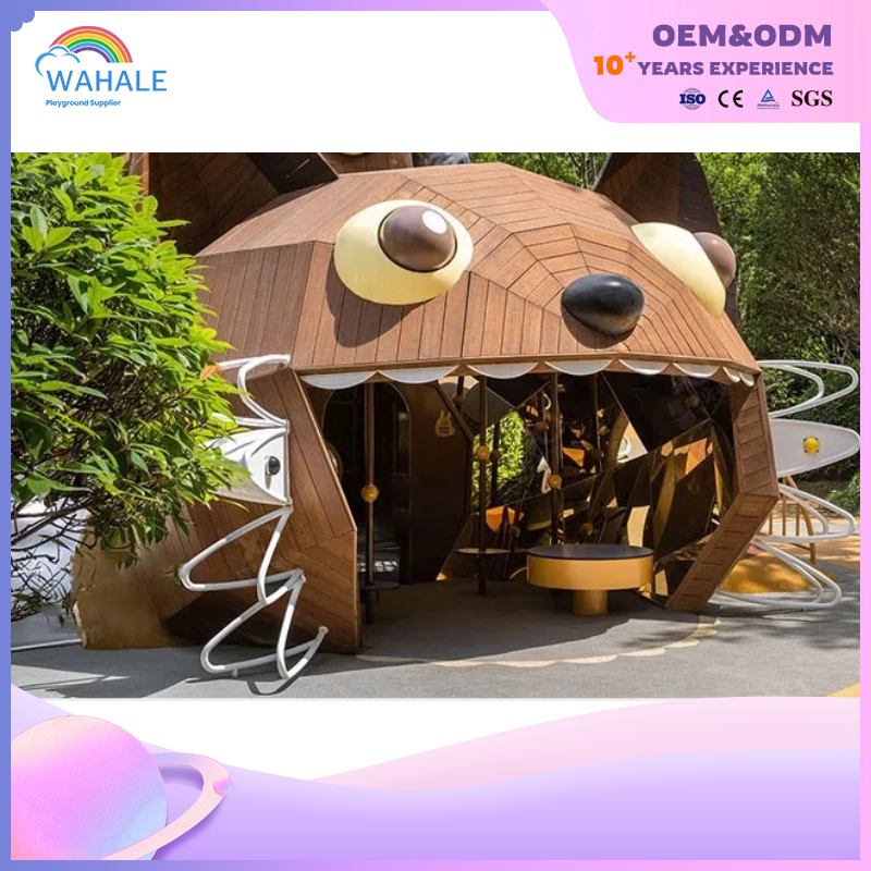 Park Outdoor Coffee Cat Shape Custom Children's Wooden Playground Equipment Factory