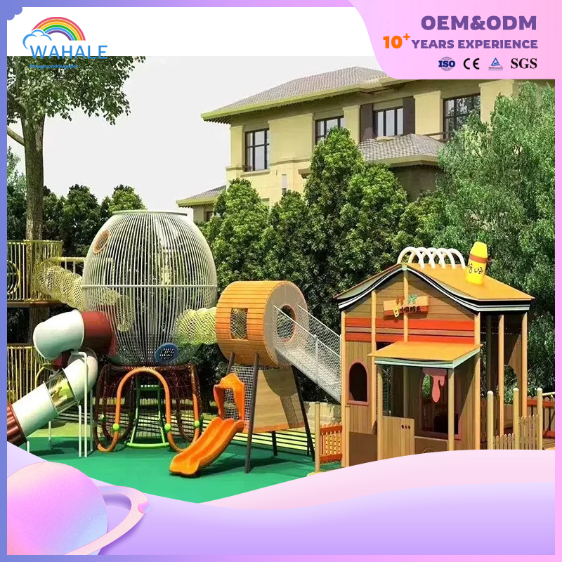 Community Outdoor Wooden House Modeling Custom Children's Slide Playground Equipment Wholesale