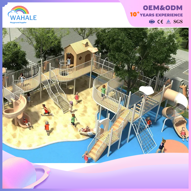 Customized residential outdoor wooden house shape children's slide playground equipment