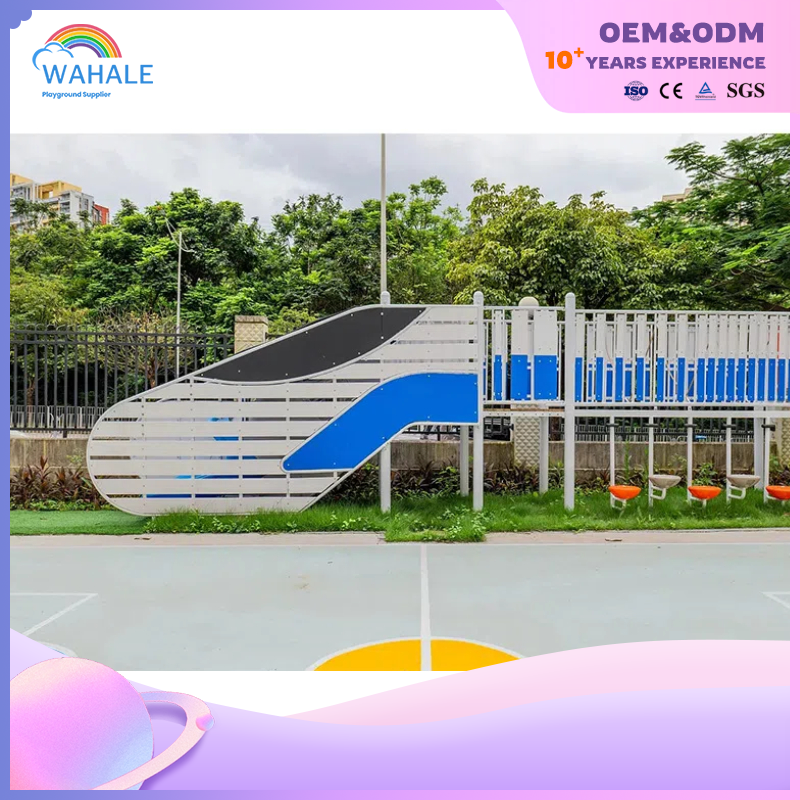 Community Outdoor Blue Bullet Car Shape Customized Wooden Children's Slide Playground Equipment