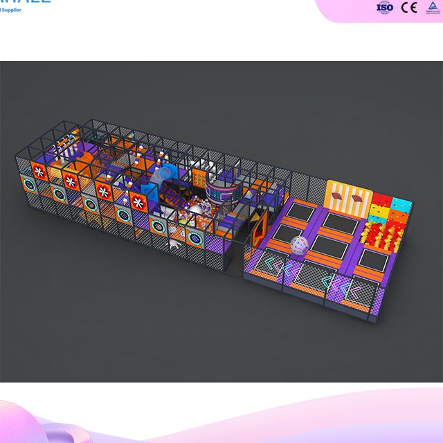 Popular Custom Tech-Sports Indoor Playground | 3-Lane Slide & Trampoline Zone | Orange-Purple Theme | Commercial Use