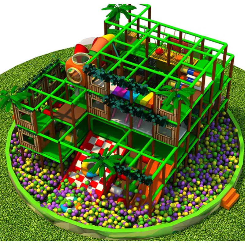 Jungle themed maze Red and white plaid tires flying slide