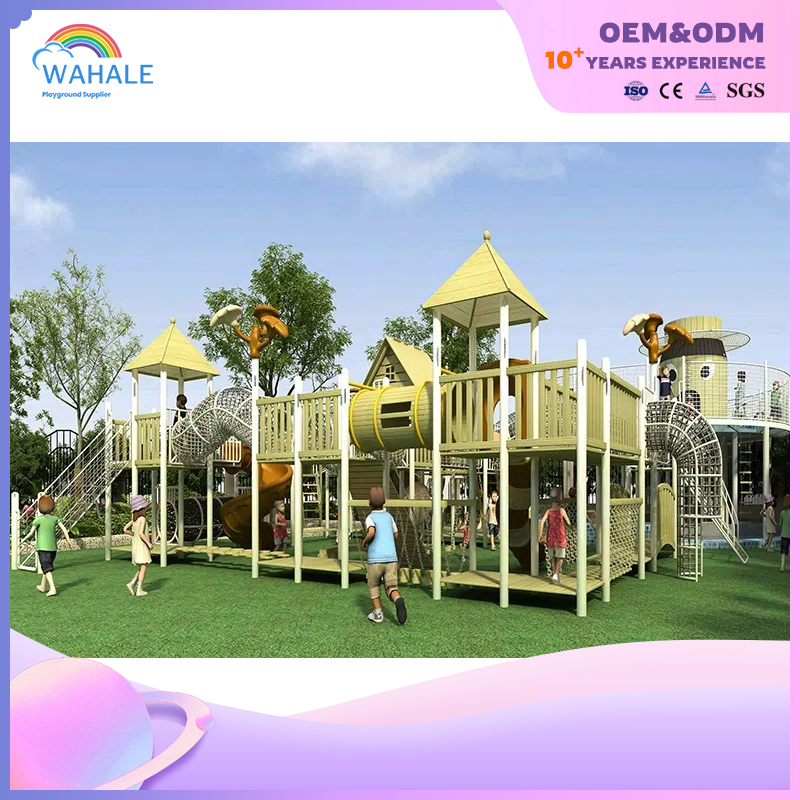 Customized residential outdoor wooden house shape children's slide playground equipment