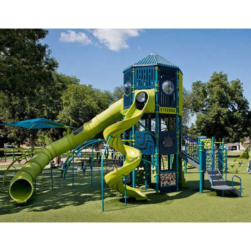 Blue green spiral children's slide park