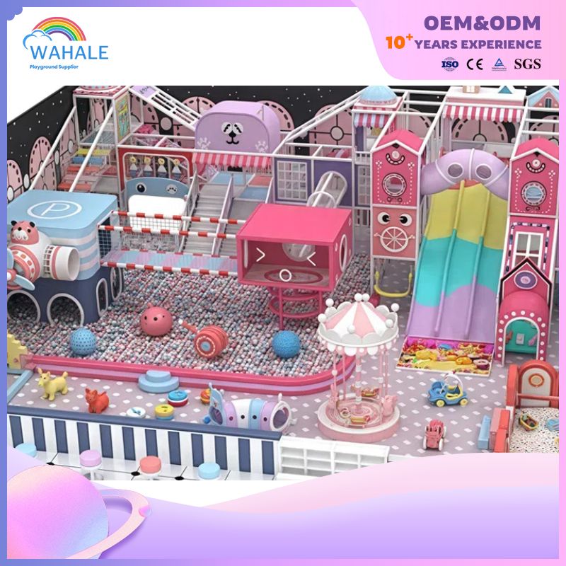 Custom-made Soft Furnishings And Playground Equipment in The Shape of Pink And Purple Cartoon Animals for Kindergartens