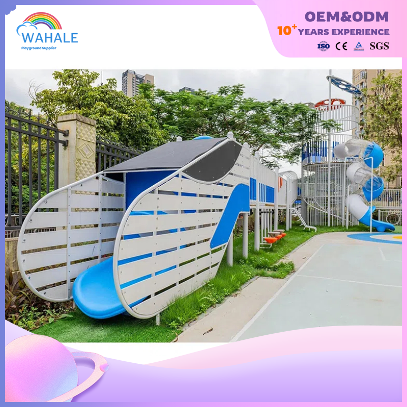 Community Outdoor Blue Bullet Car Shape Customized Wooden Children's Slide Playground Equipment