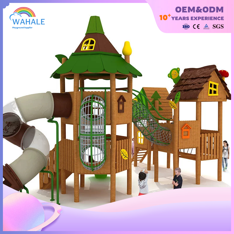 Community Outdoor Wooden House Modeling Custom Children's Slide Playground Equipment Wholesale