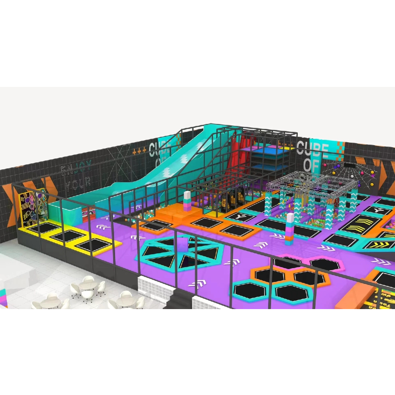 Custom blue and purple indoor parkour trampoline park includes incline trampoline shooting, inflatable touch ball, blue accelerated flying slide, turntable obstacle avoidance trampoline, wooden bridge crossing, purple wave slide ocean ball pool, rope soft installation crossing facilities.