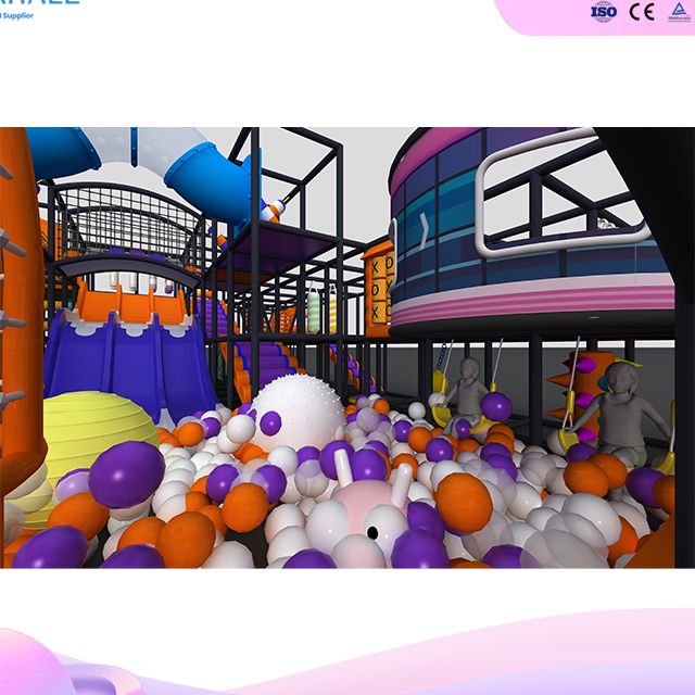 Popular Custom Tech-Sports Indoor Playground | 3-Lane Slide & Trampoline Zone | Orange-Purple Theme | Commercial Use