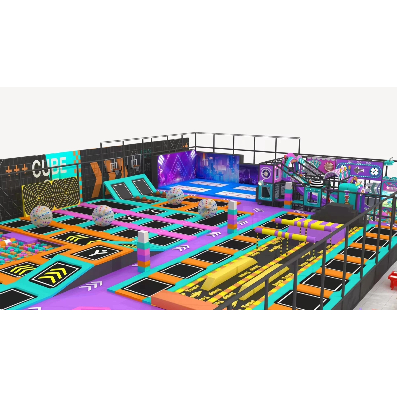 Custom blue and purple indoor parkour trampoline park includes incline trampoline shooting, inflatable touch ball, blue accelerated flying slide, turntable obstacle avoidance trampoline, wooden bridge crossing, purple wave slide ocean ball pool, rope soft installation crossing facilities.